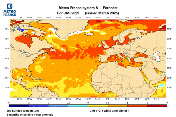 Température de surface de la mer prévue pour juillet août septembre 2025 par Meteo-France system 8