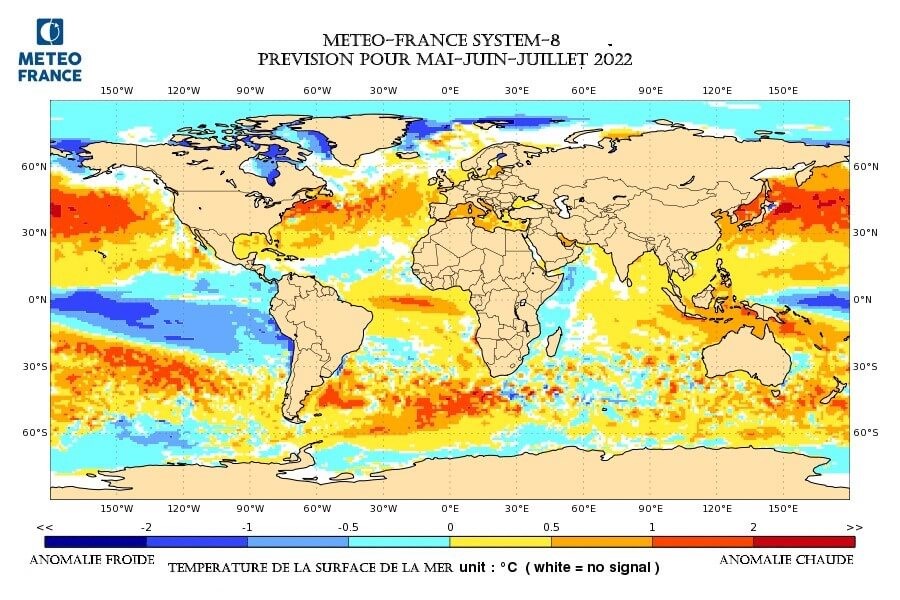 Prévision anomalie de température MJJ 2022