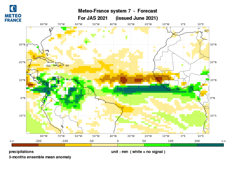 Prévision à 3 mois des précipitations sur les Antilles JAS 2021