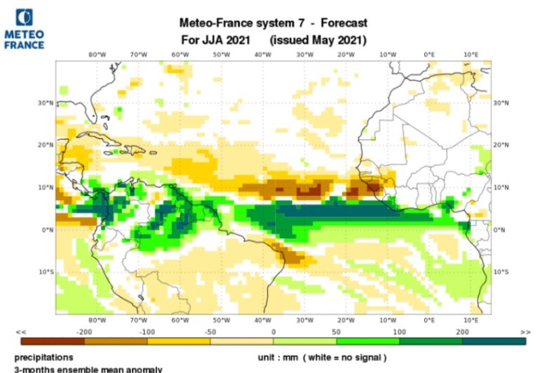 Prévision des anomalies de précipitations JJA 2021