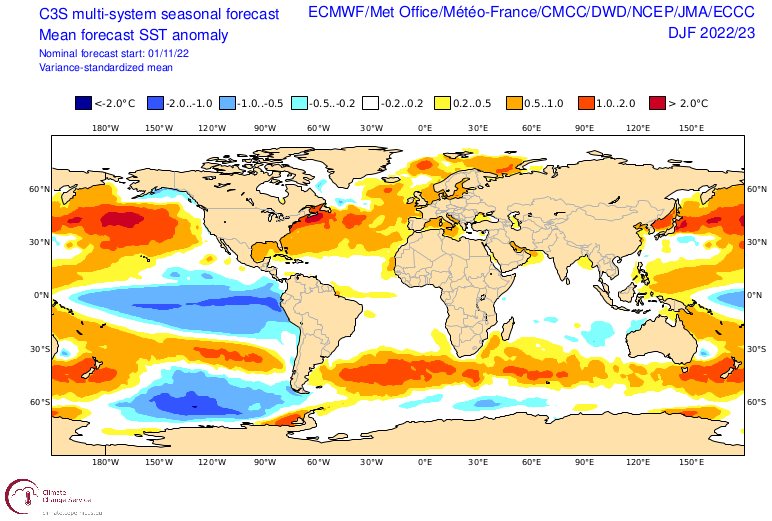 Prévision température surface de la mer DJF 2023