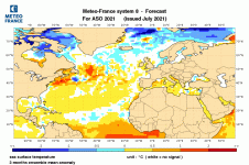 Carte des anomalies de SST dans l’Atlantique Nord prévues pour août-septembre-octobre 2021 par le modèle MF-S8 (Météo-France) du mois de juillet 2021. 