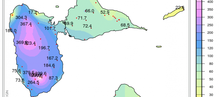 Carte des cumuls mensuels: des valeurs excedentaires sur la Basse-Terre 