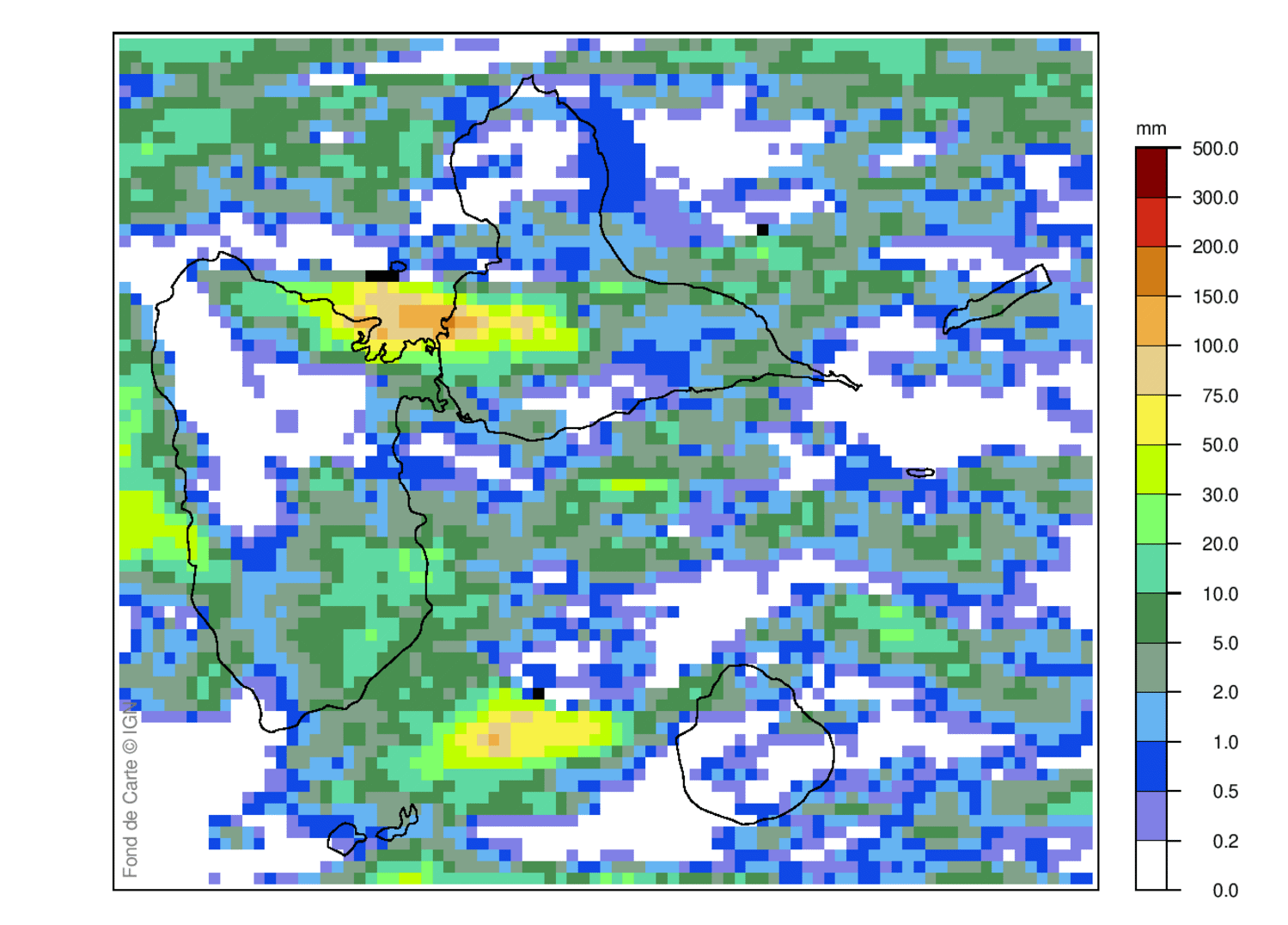 Lame d'eau radar des cumuls de pluie sur 24 h en Guadeloupe le 02 avril 2026 à 8 heures locales