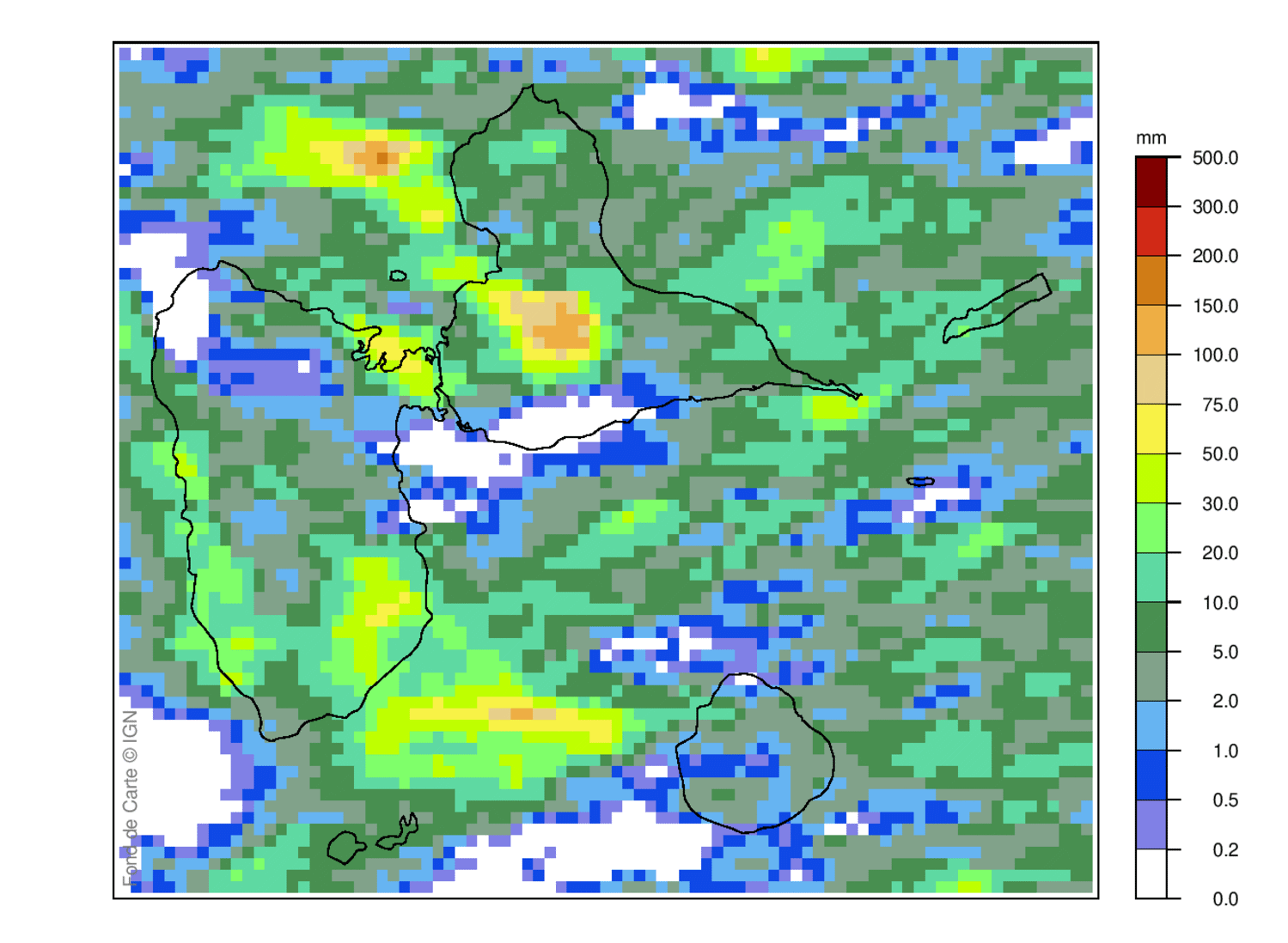 Lame d'eau radar des cumuls de pluie sur 24 h en Guadeloupe le 03 avril 2026 à 8 heures locales