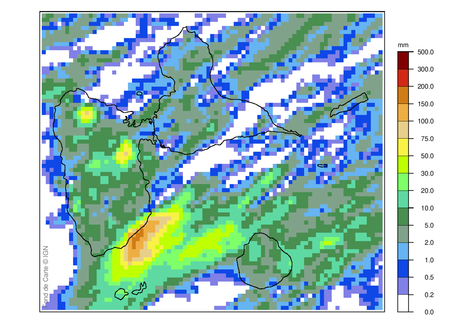 Lame d'eau radar des cumuls de pluie sur 24 h en Guadeloupe le 31 mars 2026 à 8 heures locales