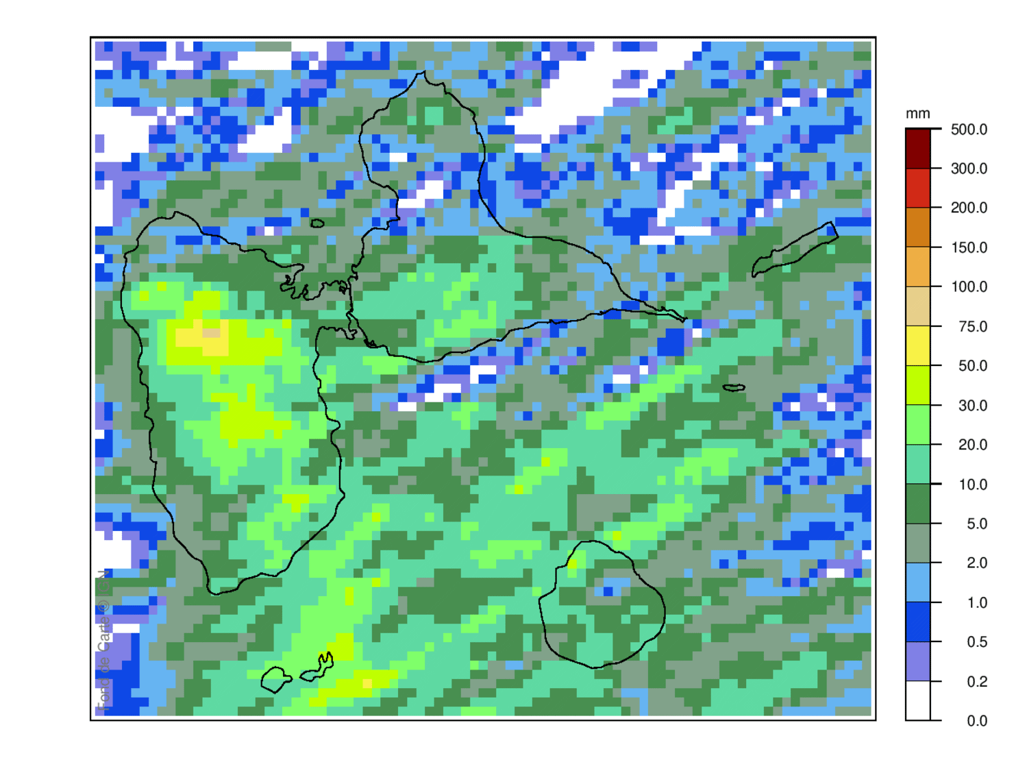 Lame d'eau radar des cumuls de pluie sur 24 h en Guadeloupe le 01 avril 2026 à 8 heures locales