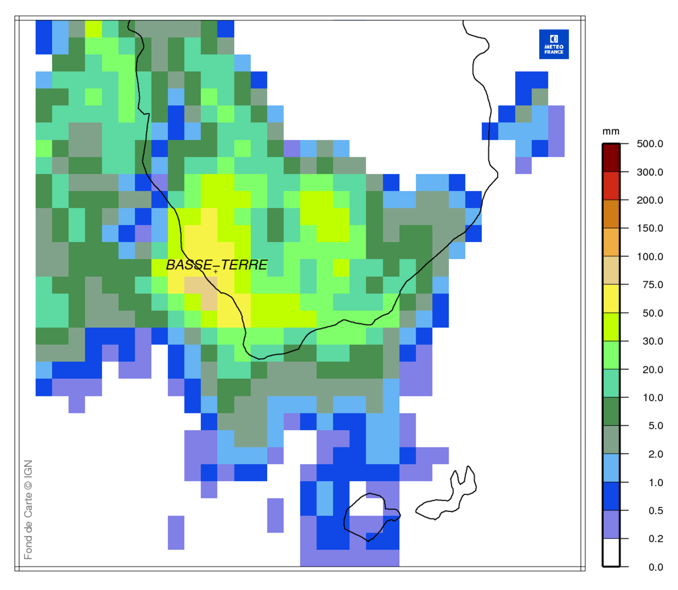 La lame d'eau entre 15h et 17h loc le 9 sept, centrée sur le sud de la Basse-Terre