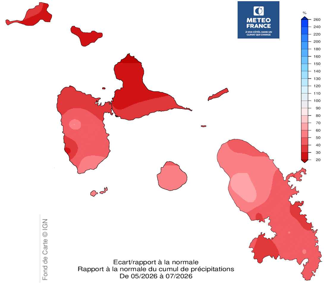 Rapport à la normale 1991-2020 de la pluviometrie du 1er Mai au 21 Juillet 2026