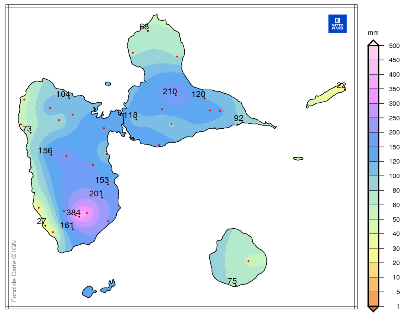 Précipitations mensuelles en Guadeloupe 