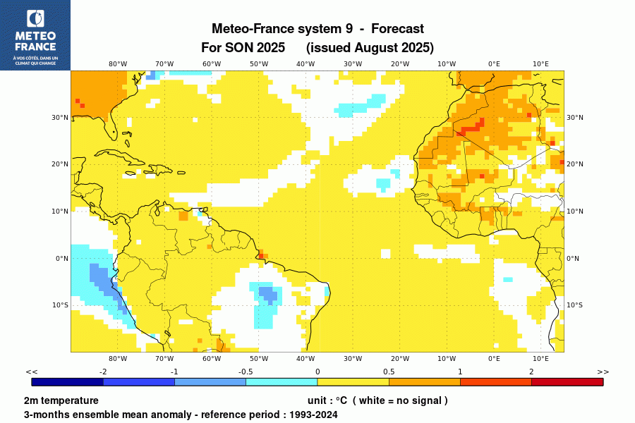 Prévision de l'anomalie de température à 2 m pour le trimestre