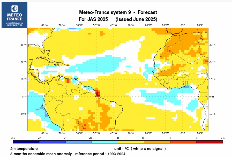 Prévision de l'anomalie de température à 2 m pour le trimestre 