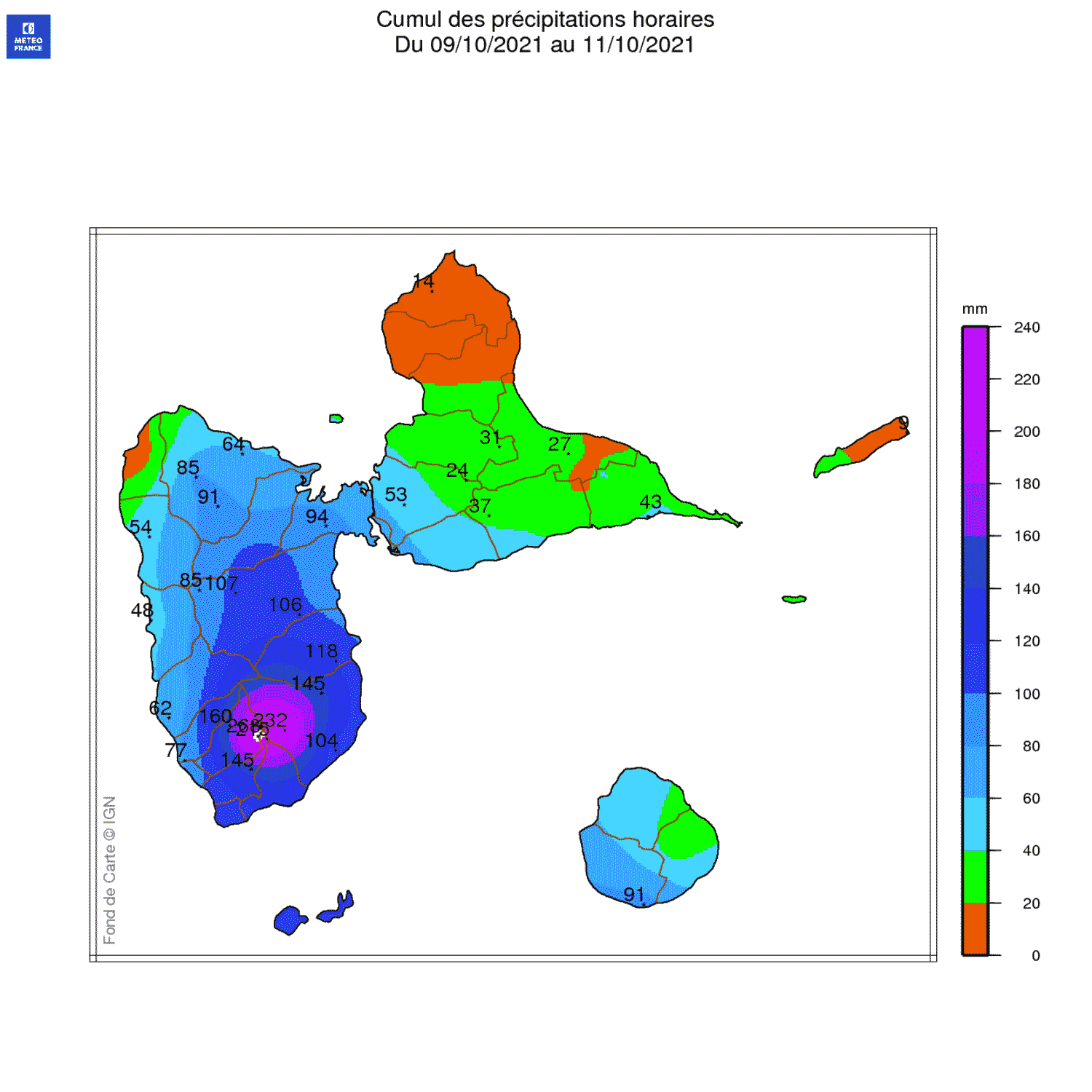 Cumul pluviométrique du 9 octobre à 8 h au 11 octobre à 8 h