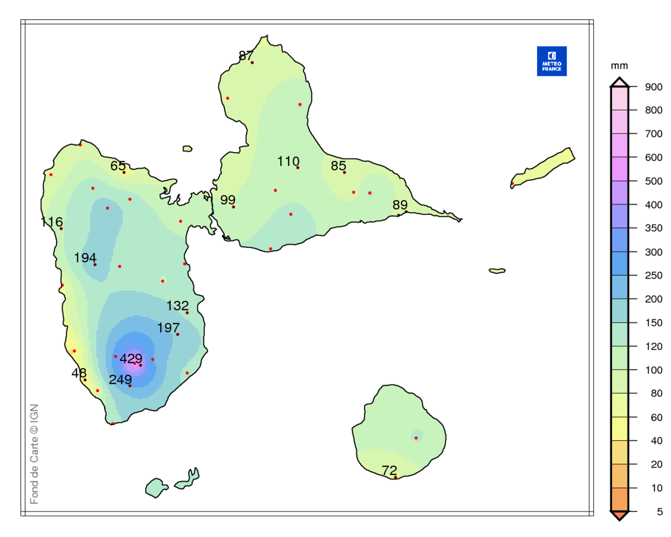 Précipitations mensuelles en Guadeloupe 