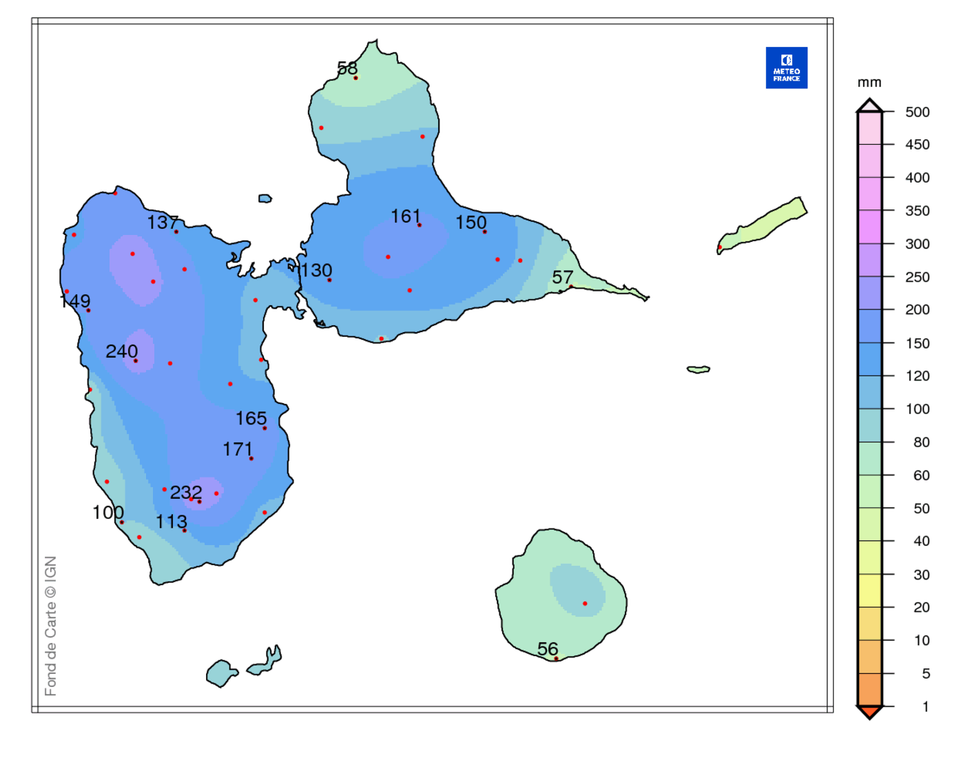 Précipitations mensuelles en Guadeloupe 