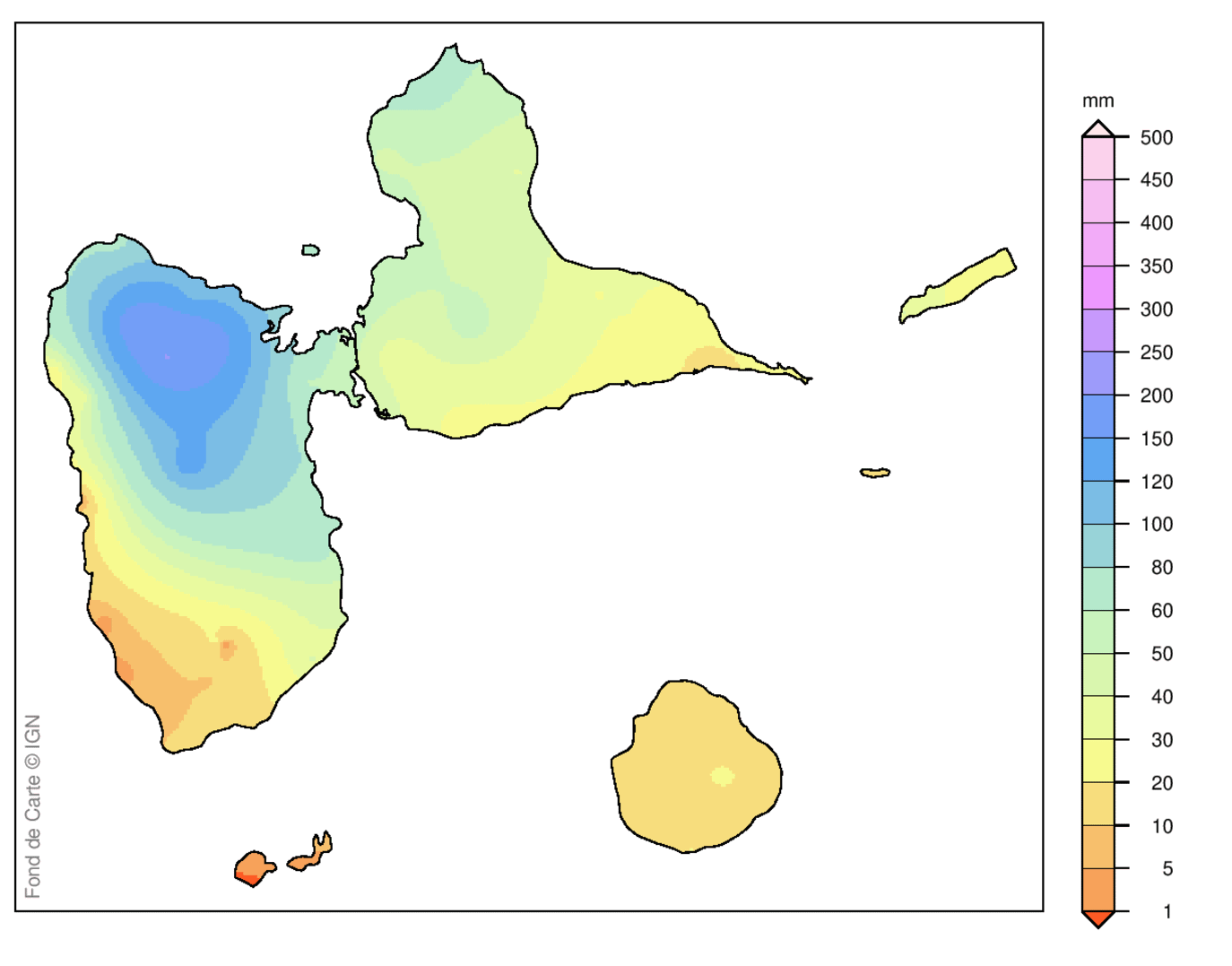Lame d'eau radar des cumuls de pluie sur 24 h en Guadeloupe le 18 mai 2025 à 8 heures locales