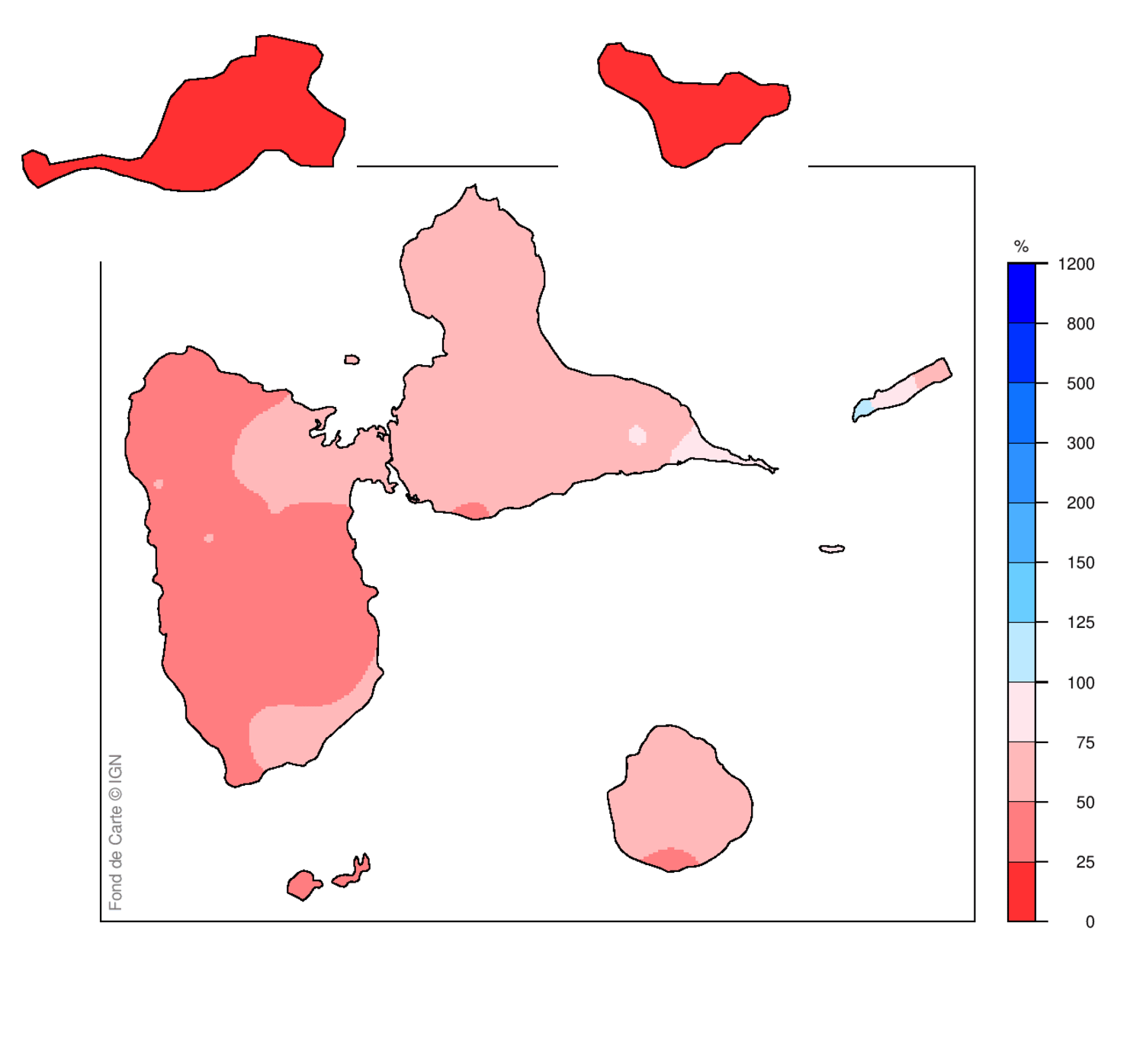 Rapport à la normale 1991-2020 des cumuls de précipitation sur la Guadeloupe et les îles du Nord en juillet 2026