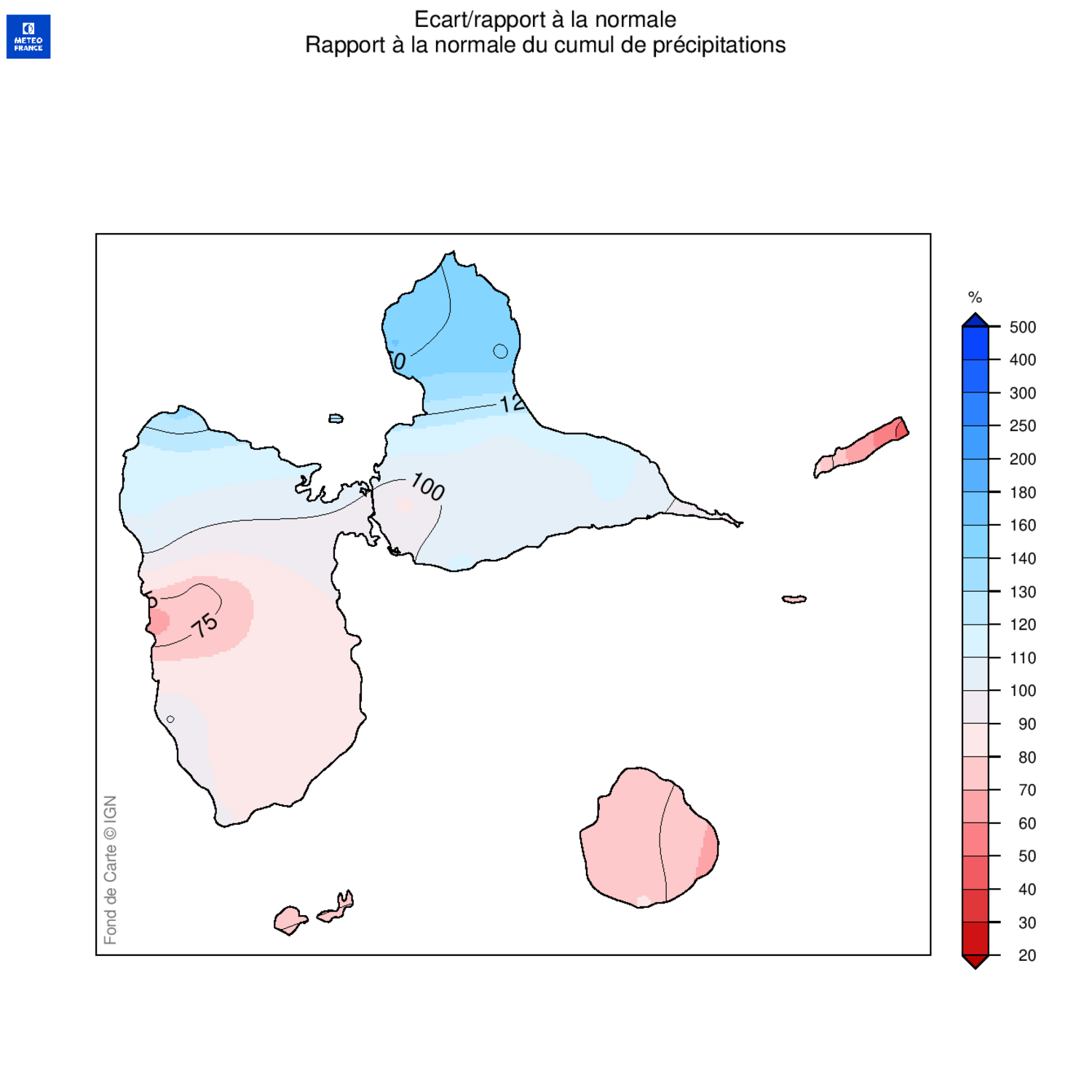 Ecart à la normale 1991-2020 des précipitations mensuelles en Guadeloupe