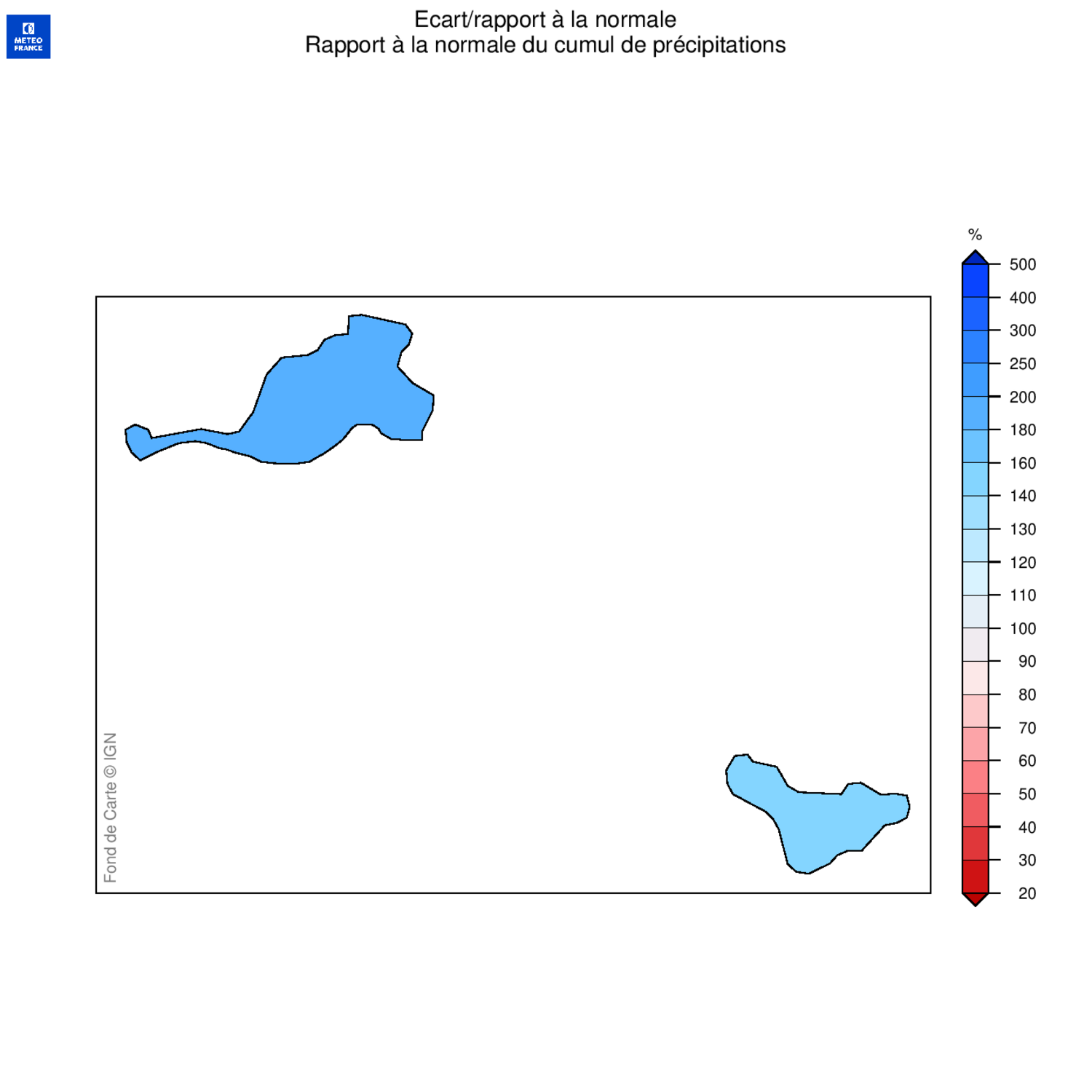 Ecart à la normale 1991-2020 des précipitations mensuelles aux Îles du Nord
