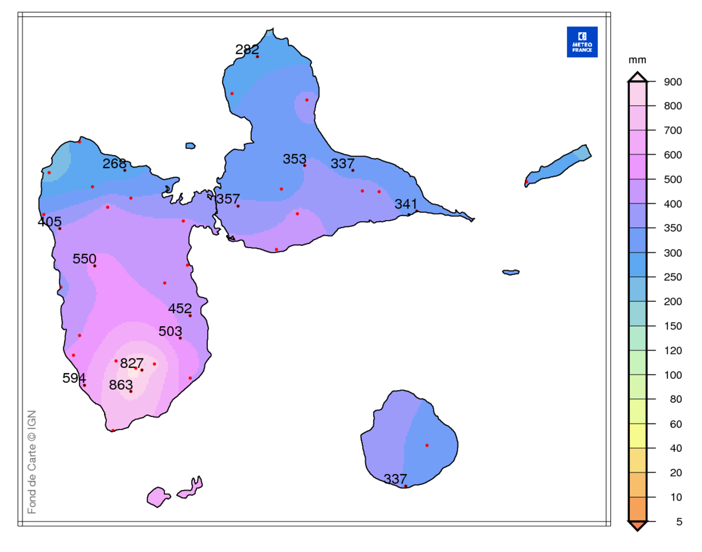 Précipitations mensuelles en Guadeloupe 