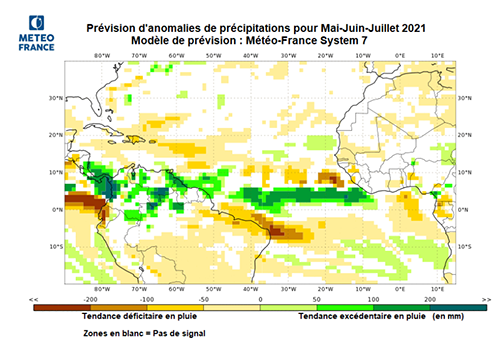 Prévision d'anomalies de précipitations de Mai à Juillet 2021