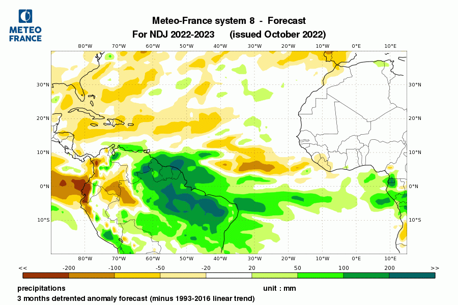 Prévision de l'anomalie linéaire pluviométrique pour le trimestre Novembre-Décembre-Janvier