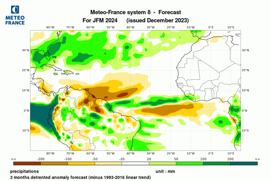 Prévision d'anomalie de précipitation pour janvier-février-mars 2024 