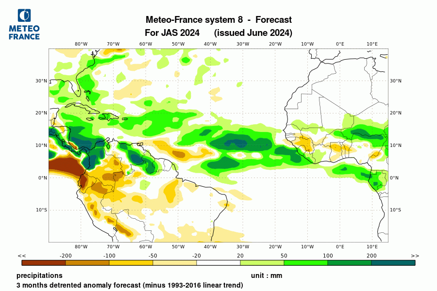 Prévision de l'anomalie de précipitation pour le trimestre juillet-août-septembre 2024