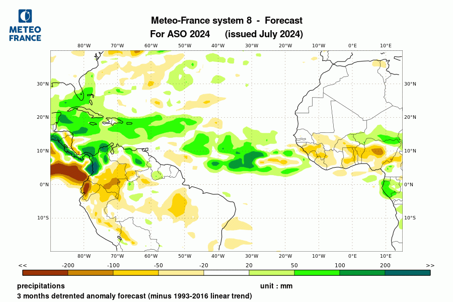 Prévision de l'anomalie de précipitation pour le trimestre août-septembre-octobre 2024 