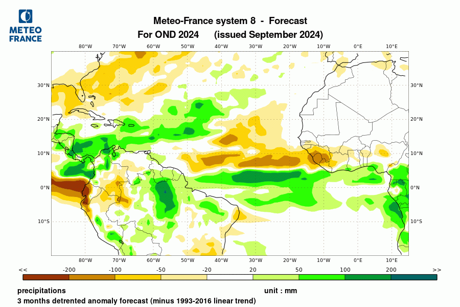 Prévision de l'anomalie de précipitation pour le trimestre octobre-novembre-décembre 2024 