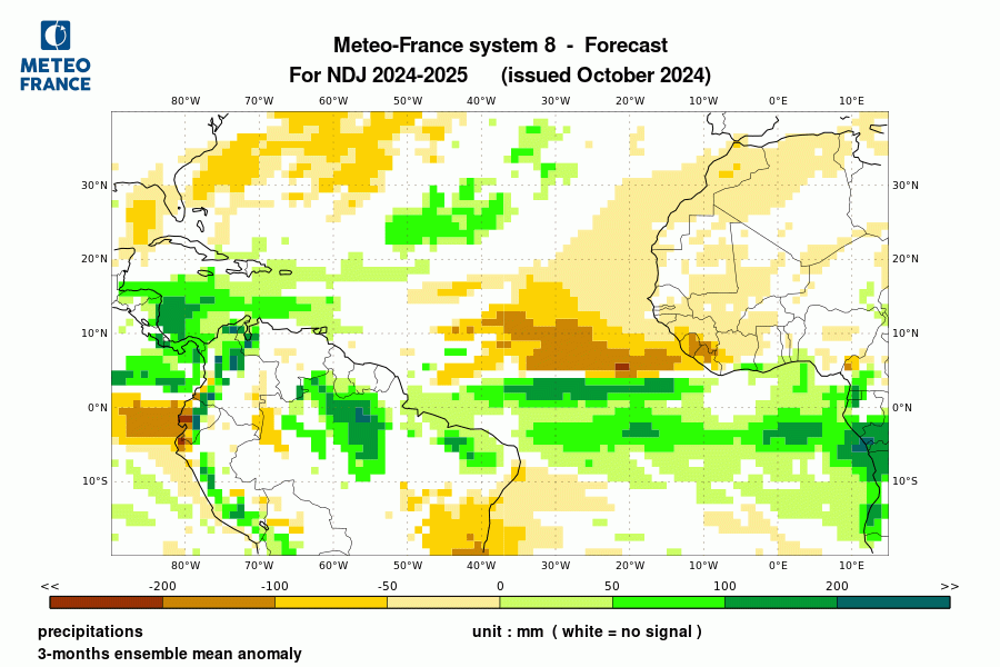 Prévision de l'anomalie de précipitation pour le trimestre de novembre 2024 à janvier 2025