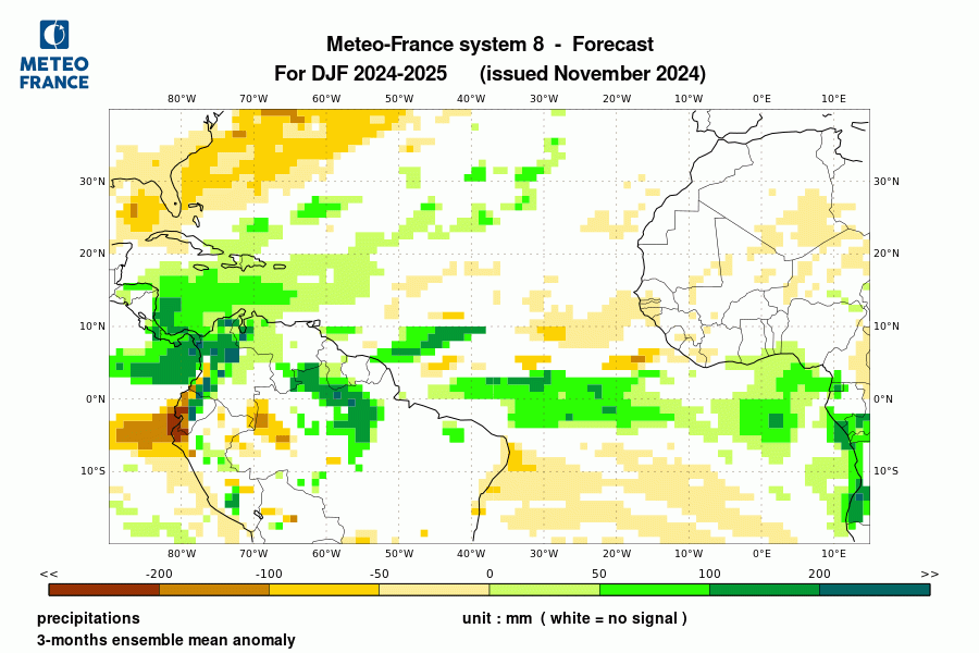 Prévision de l'anomalie de précipitation pour le trimestre de décembre 2024 à février 2025