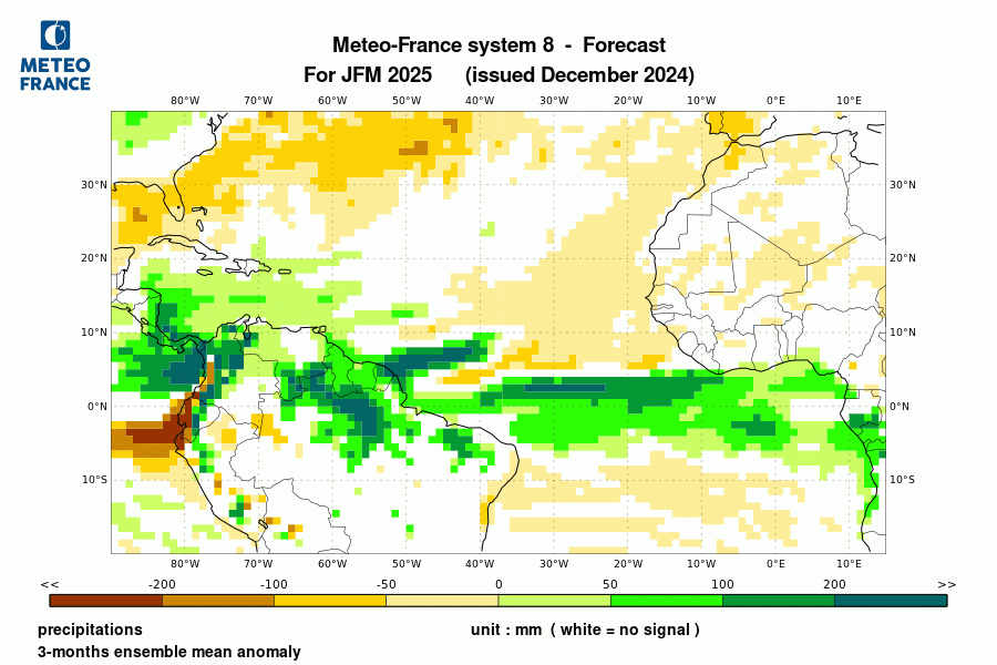 Prévision de l'anomalie de précipitations pour le trimestre de janvier à mars 2025