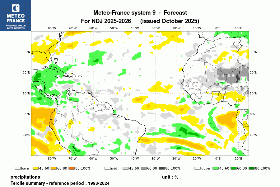 Probabilité de l'anomalie de précipitations pour le trimestre 