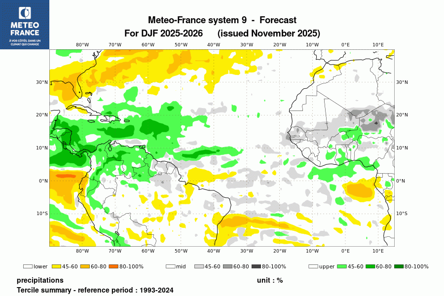 Probabilité de l'anomalie de précipitations pour le trimestre 