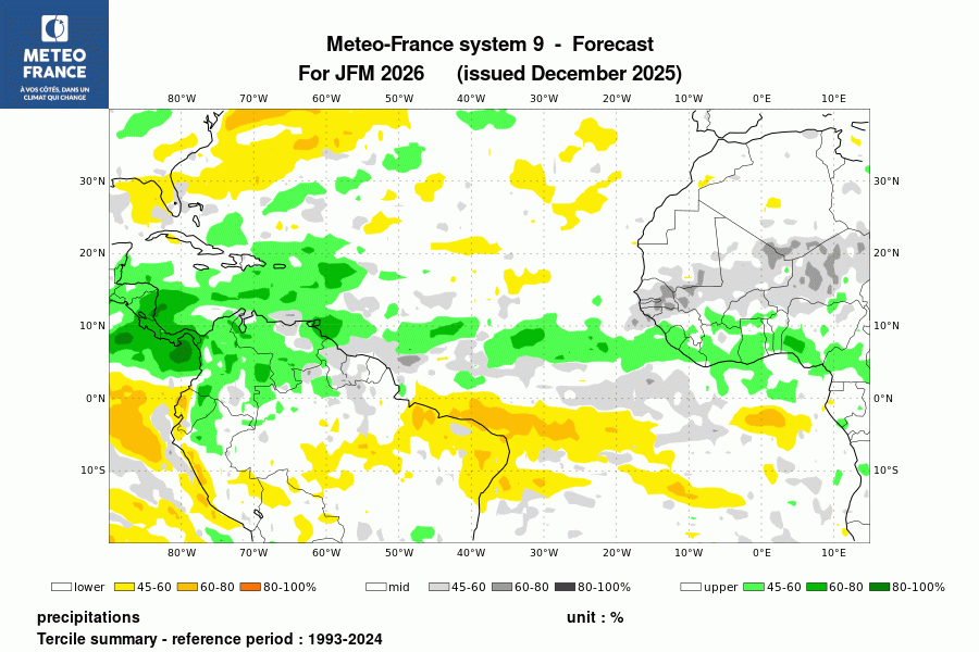 Probabilité de l'anomalie de précipitations pour le trimestre 
