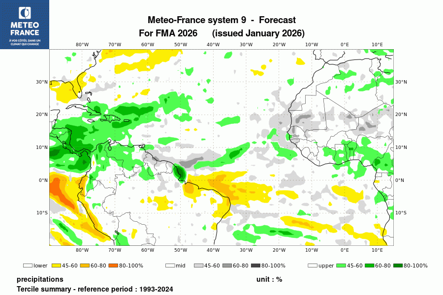 Probabilité de l'anomalie de précipitations pour le trimestre 