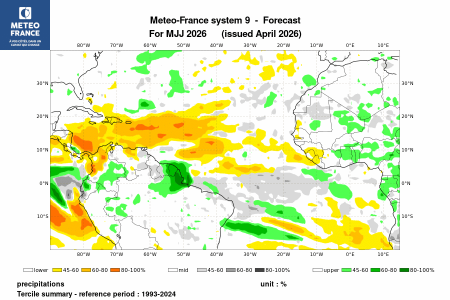 Probabilité de l'anomalie de précipitations pour le trimestre 