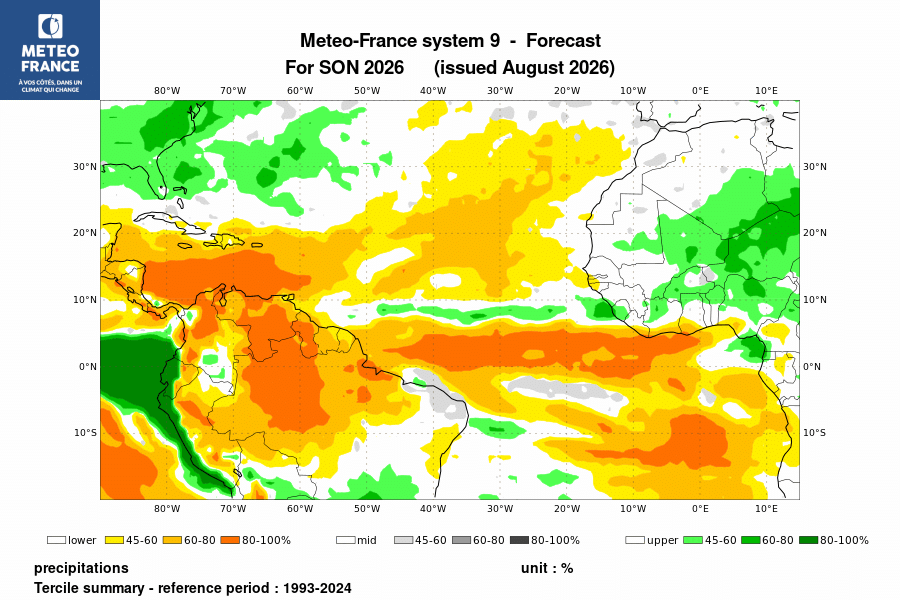 Probabilité de l'anomalie de précipitations pour le trimestre 