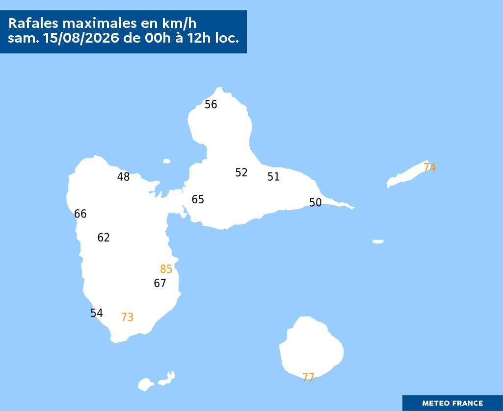 Rafales maximales en km/h le samedi 15/08/26 de 00 à 12h loc