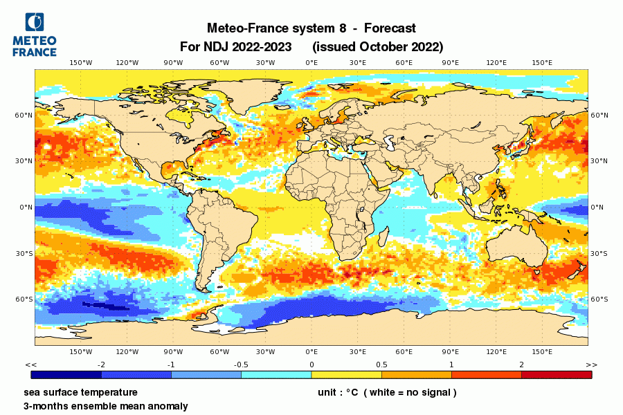Prévision de l'anomalie de température de surface océanique pour le trimestre Novembre-Décembre-Janvier