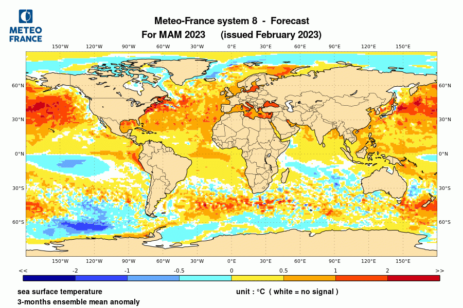 Prévision de l'anomalie de température de surface océanique pour le trimestre mars-avril-mai