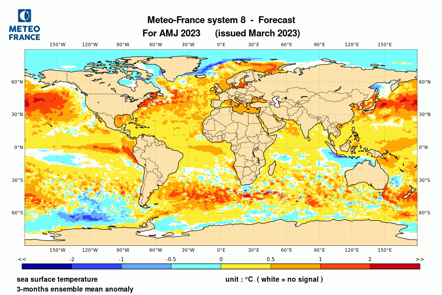 Prévision de l'anomalie de température de surface océanique pour le trimestre avril-mai-juin