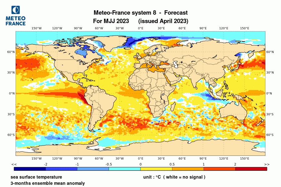 Prévision de l'anomalie de température de surface océanique pour le trimestre mai-juin-juillet 