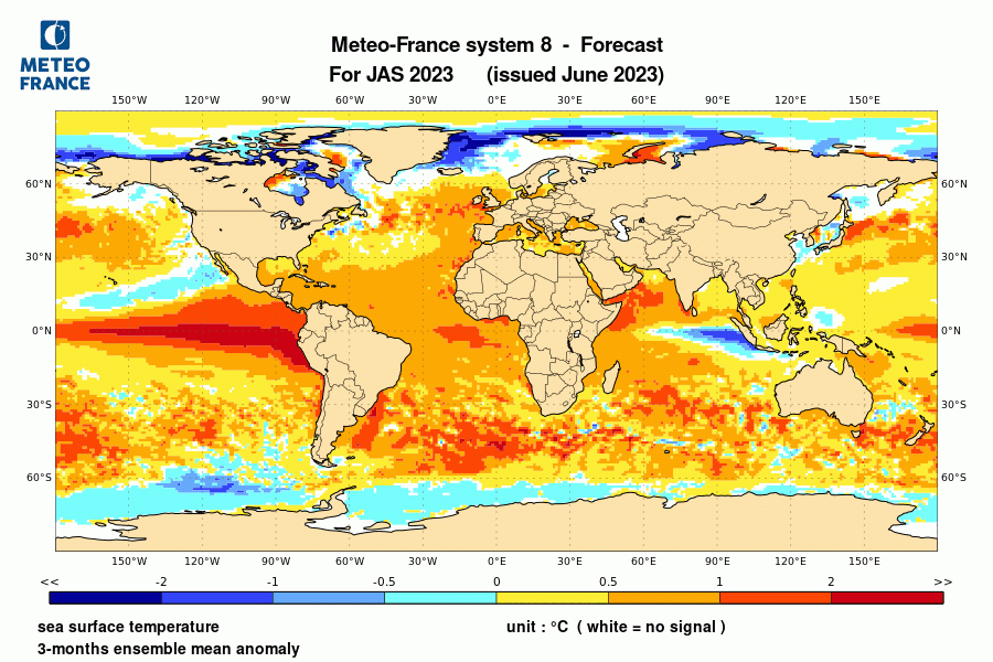 Prévision de l'anomalie de température de surface océanique pour le trimestre juillet-août-Septembre 