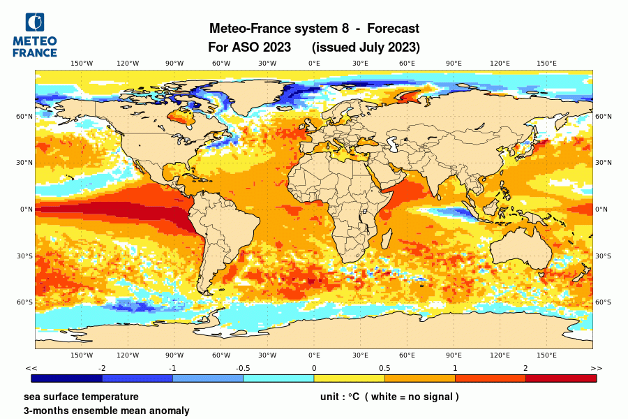 Prévision de l'anomalie de température de surface océanique pour le trimestre août-Septembre-octobre 