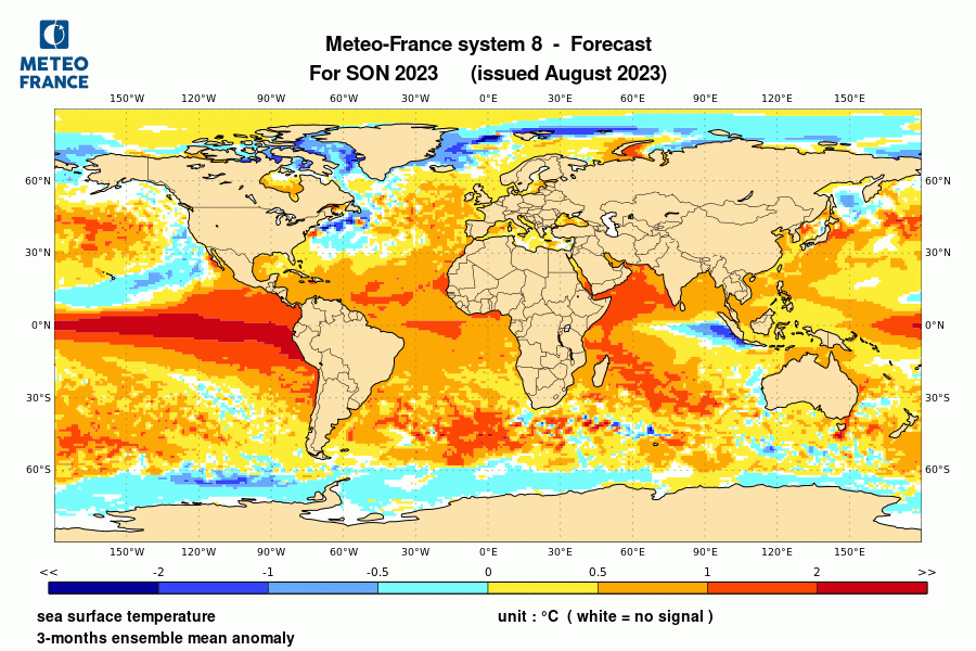 Prévision de l'anomalie de température de surface océanique pour le trimestre septembre-octobre-novembre 