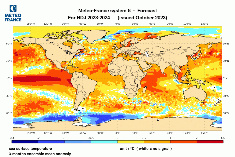 Prévision de l'anomalie de température de surface océanique pour le trimestre novembre-décembre 2023-janvier2024