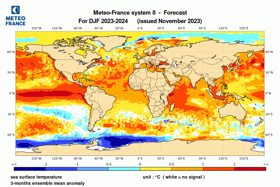 Prévision de l'anomalie de température de surface océanique pour le trimestre décembre 2023 -janvier-février 2024 