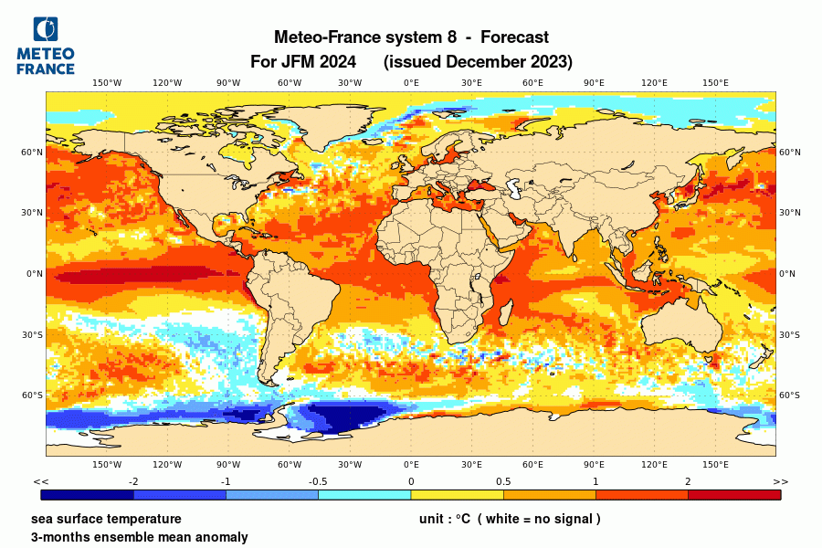 Prévision de l'anomalie de température de surface océanique pour le trimestre janvier-février-mars 2024 
